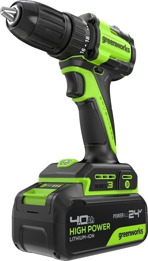 Дрель-шуруповерт аккум. Greenworks DD345 (24V, б/щет, 27/45Нм, 13мм, 1АКБ*4Ач, ЗУ, кор) 3708307CUB