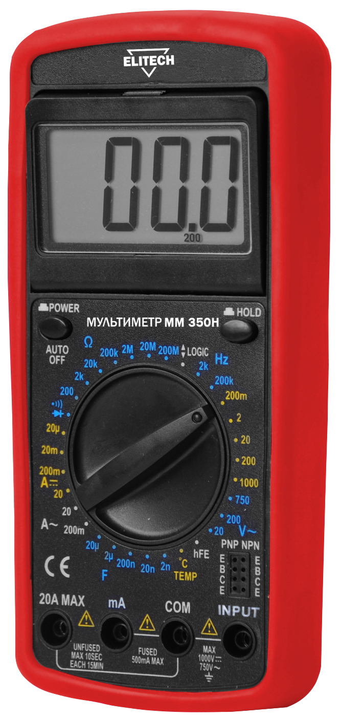 Мультиметр Elitech ММ 350H (пост.1000В\перем.750В,перем.20А,200МОм,20мкФ,200кГц,Жкдисплей,0.3кг,кор)