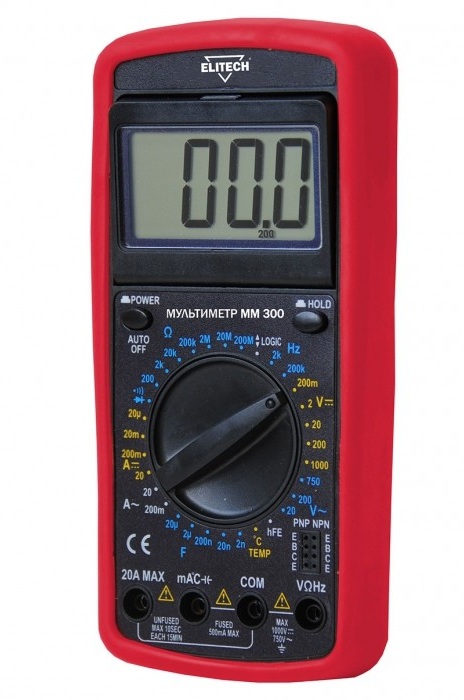 Мультиметр Elitech ММ 300 (пост.1000В\перем.750В,перем.20А\пост.20А,200МОм,20мкФ,200кГц,ЖКдисплей)