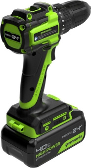 Дрель-шуруповерт аккум. Greenworks DD345 (24V, б/щет, 27/45Нм, 13мм, 1АКБ*4Ач, ЗУ, кор) 3708307CUB