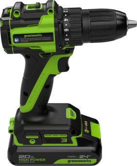 Дрель-шуруповерт аккум. Greenworks DD345 (24V, б/щет, 27/45 Нм,13мм,1х2Ач,ЗУ,кор) 3708307CUA