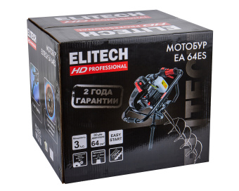 Мотобур  ELITECH HD EA 64ES (2-такт,64см3,2.2кВт/3л.с.,7500об/мин,шнек-ф4-30см,бак1.4л, 11,4кг)
