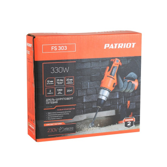 Дрель-шуруповерт сетевая PATRIOT FS303. 330Вт. (350/1350об/мин. 25НМ.,10мм/20мм) 120301303
