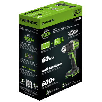 Дрель-шуруповерт аккум. Greenworks DD560(24V.б/щет,30/60 Нм,13мм,Anti-kickback.1х4Ач,ЗУ,ко3708407CUB