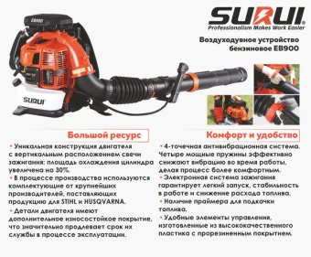Воздуходув бенз. SURUI EB900 (объем двиг. 75,6куб.см, мощн. 3,3кВт/4,5л.с, 1760m3/Н, вес 12,4кг)