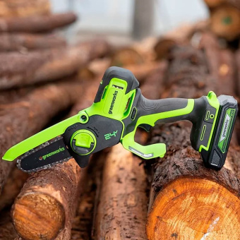 Пила цепная мини аккум. Greenworks G24MCS10k2 (24v, 10см, в комплетке c АКБ 2АЧ и ЗУ) 2008207UA