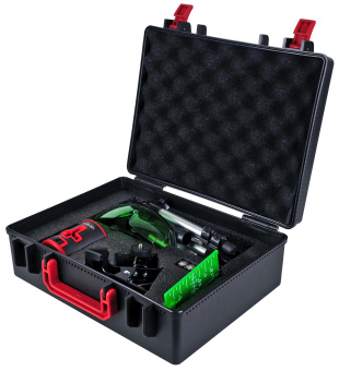 Нивелир Elitech ЛН 2К-ЗЕЛ (зеленый,20м,гор\верт луч,±0,3мм\м,1/4",0.2кг,чем,2АА,штатив,зажим, очки)