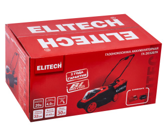 Газонокосилка аккум. Elitech ГА 2032БТК (20В,4Ач и ЗУ,Li-ion,32см,2реж,3 ур,25-65мм,28л,з/у,8,2кг)