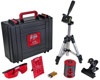 Нивелир Elitech ЛН 2К (15м,гор\верт луч,±0,3мм\м,1/4",0.2кг,чем,2АА,штатив,мишень,зажим,очки) 201468