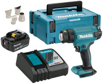 Фен аккум. Makita DHG181RT1J (18В,1х5Ач,200л\м,550грС,чем,1.3кг,4 насадки,MakPac,LXT) 