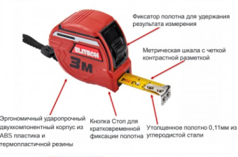 Рулетка Elitech 310302  5мх25мм. Магнитн. зацеп, автостоп, утолщен.полотно, корпус ABS-пластик с пок