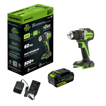 Дрель-шуруповерт аккум. Greenworks DD560(24V.б/щет,30/60 Нм,13мм,Anti-kickback.1х4Ач,ЗУ,ко3708407CUB
