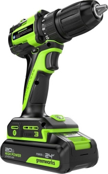 Дрель-шуруповерт аккум. Greenworks DD345 (24V, б/щет, 27/45 Нм,13мм,1х2Ач,ЗУ,кор) 3708307CUA