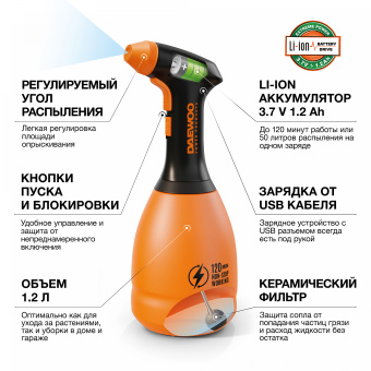 Опрыскиватель аккум. DAEWOO DSA 1.20Li (1,2л., 0,4л/мин, встр.акк.:3,7В, 1,2Ач.) 