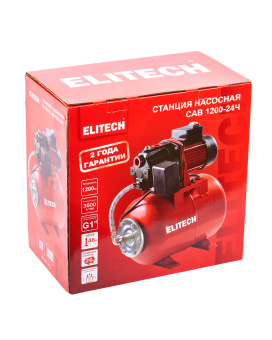 Насосная станция Elitech САВ 1200-24Ч (1200Вт,58л/м,Н=46м,Гл=8м,4.4бар,ч/вод,чугун/мет.гидроакк.24л)