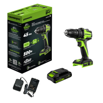 Дрель-шуруповерт аккум. Greenworks DD345 (24V, б/щет, 27/45 Нм,13мм,1х2Ач,ЗУ,кор) 3708307CUA